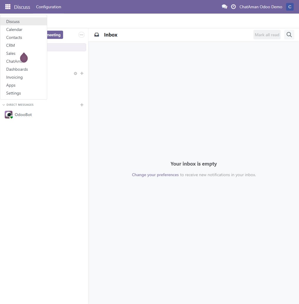 قائمة تطبيقات Odoo وتطبيق ChatAman ظاهر بداخلها