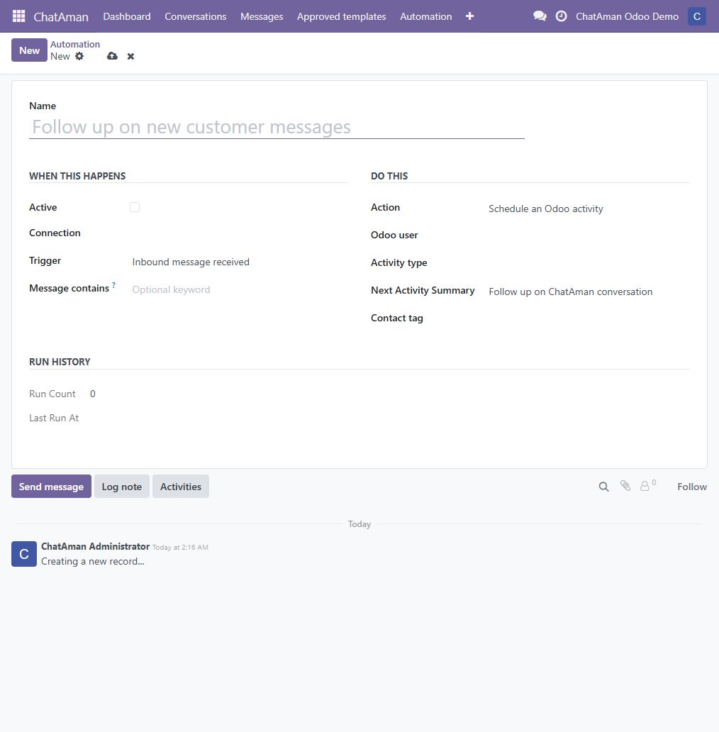 نموذج قاعدة أتمتة جديدة في Odoo