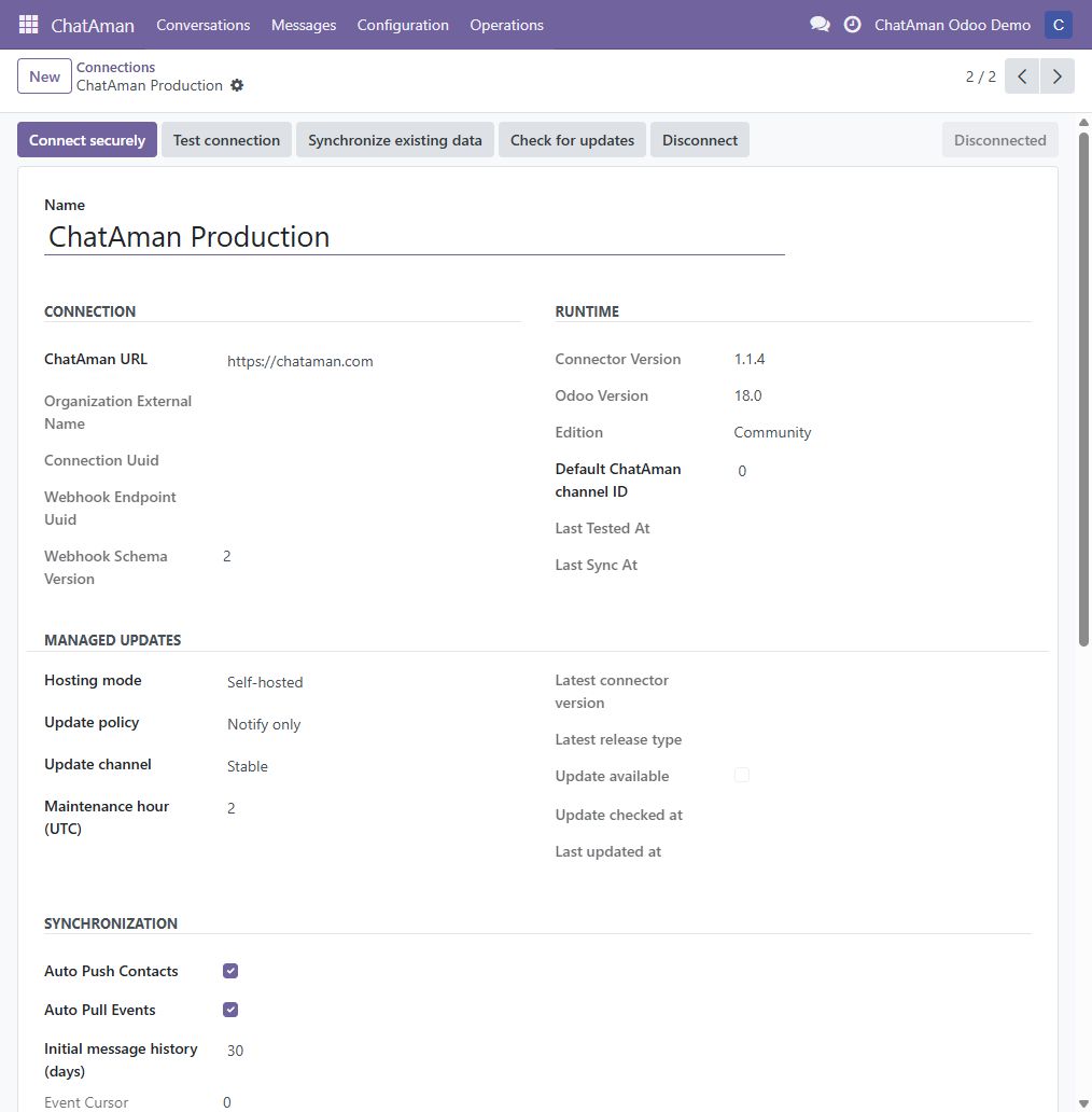 إعدادات اتصال ChatAman Production داخل Odoo