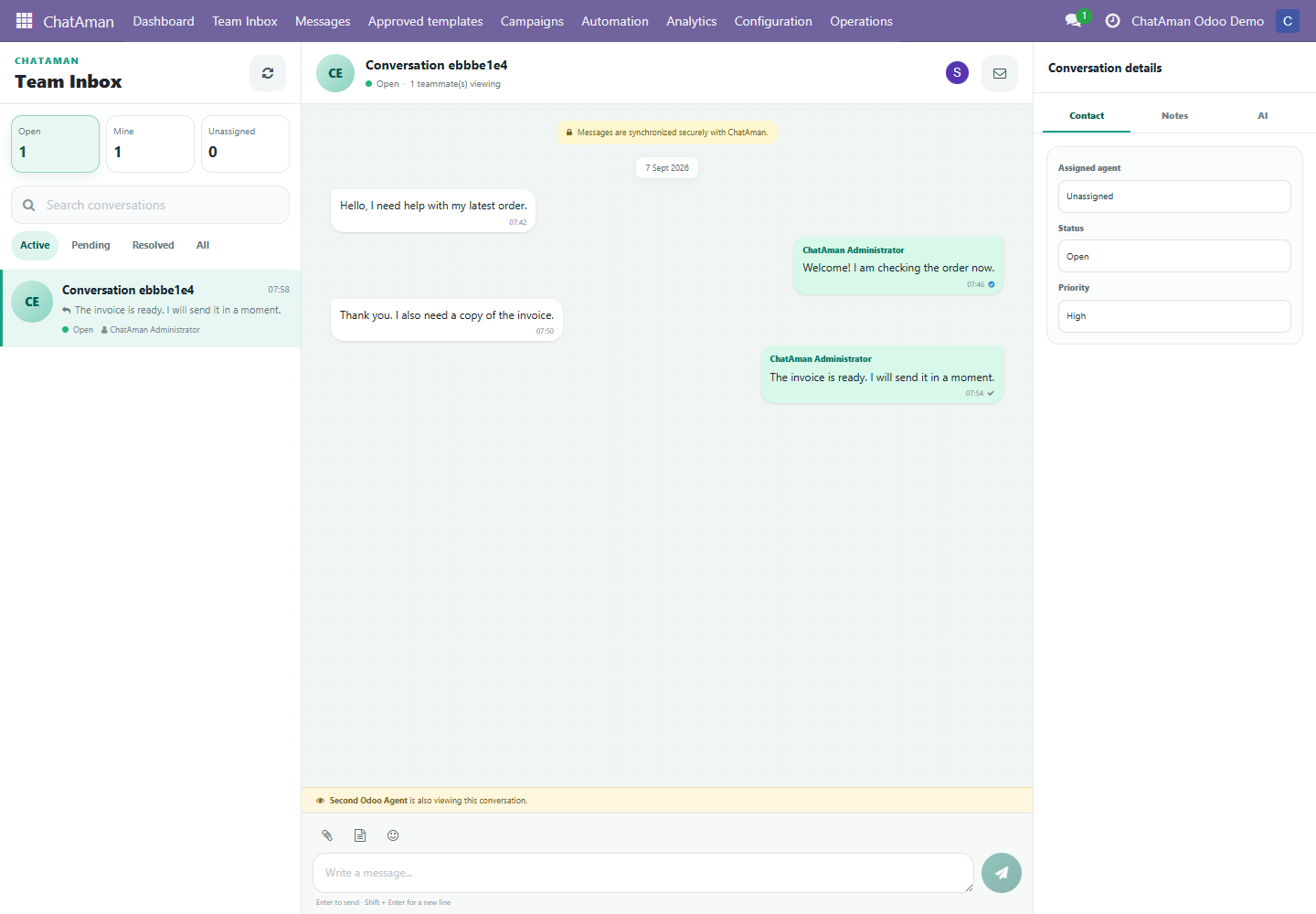 صفحة Team Inbox الخاصة بـChatAman داخل Odoo