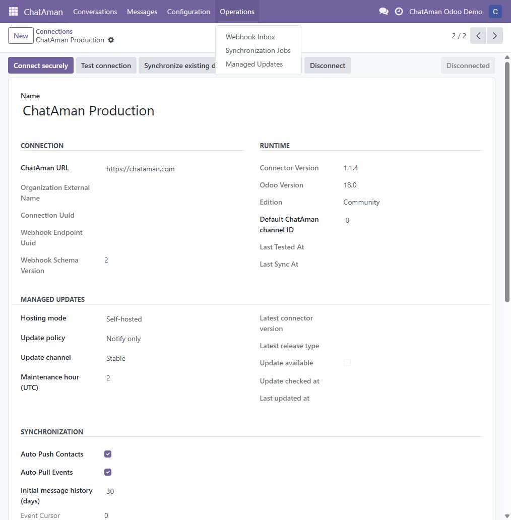 قائمة Operations الخاصة بـChatAman داخل Odoo
