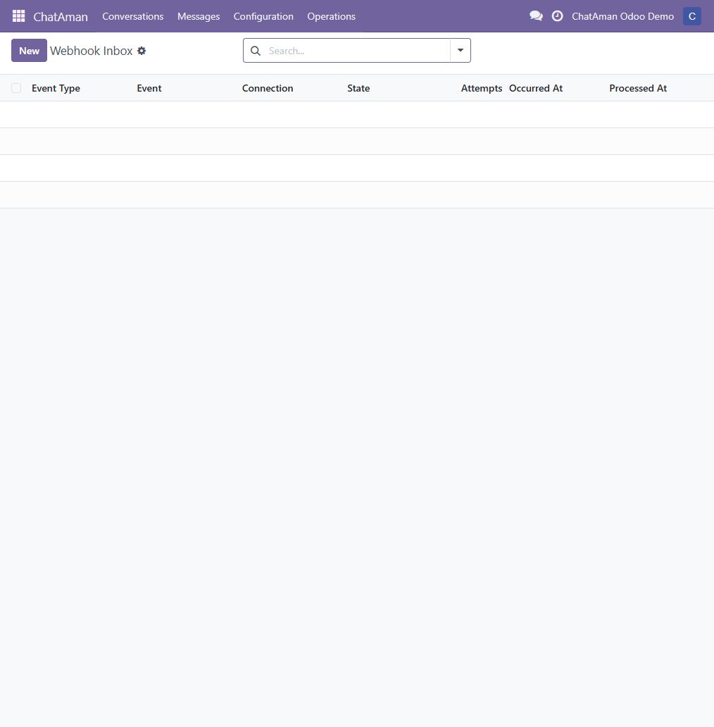 صندوق Webhook Inbox الخاص بـChatAman داخل Odoo