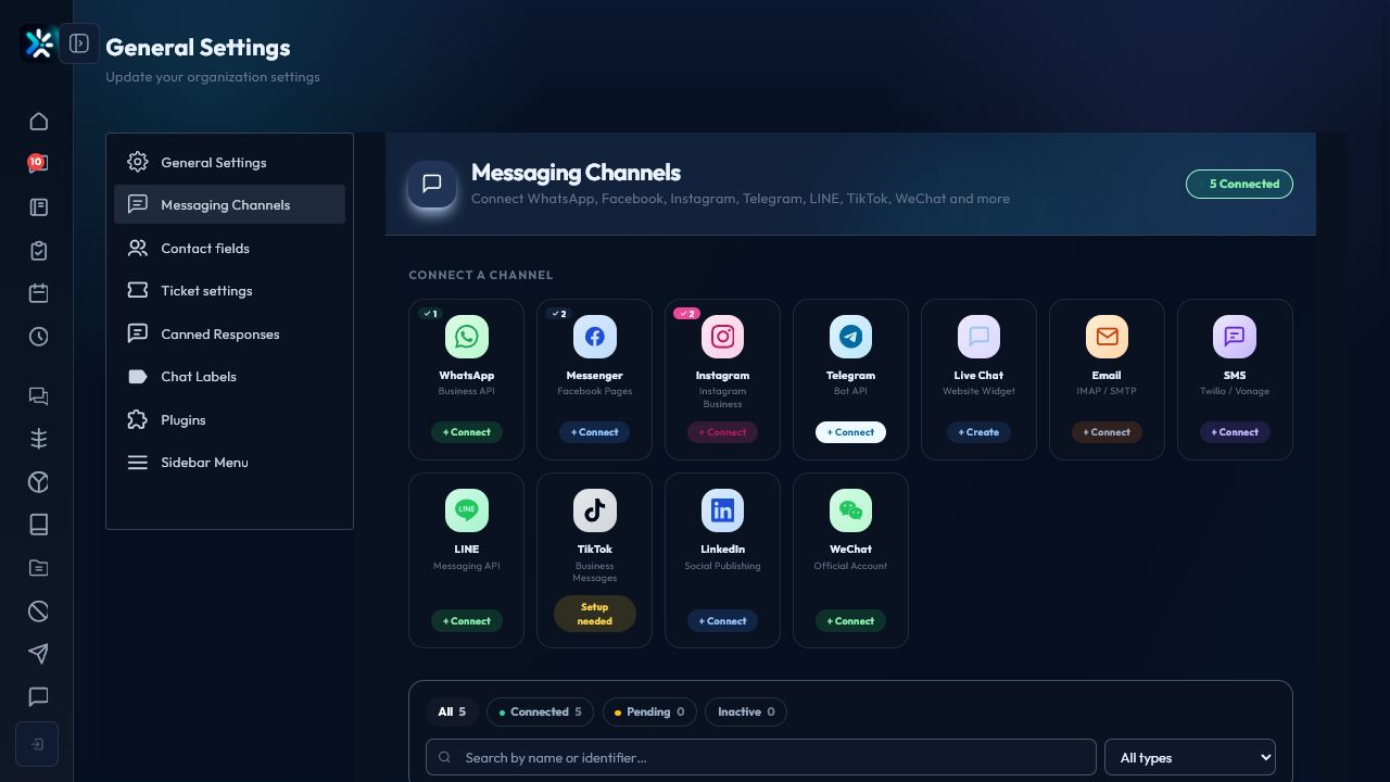 CodeEra messaging channels settings inside Chataman