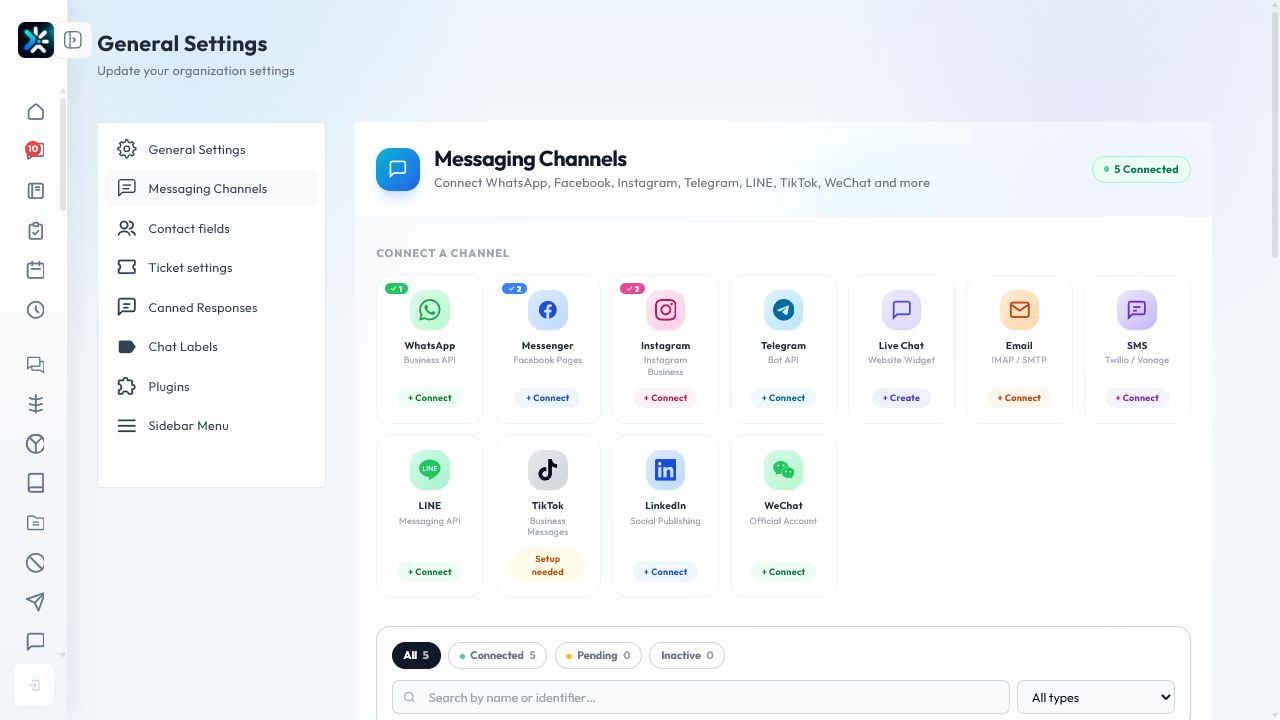 CodeEra messaging channels settings inside Chataman