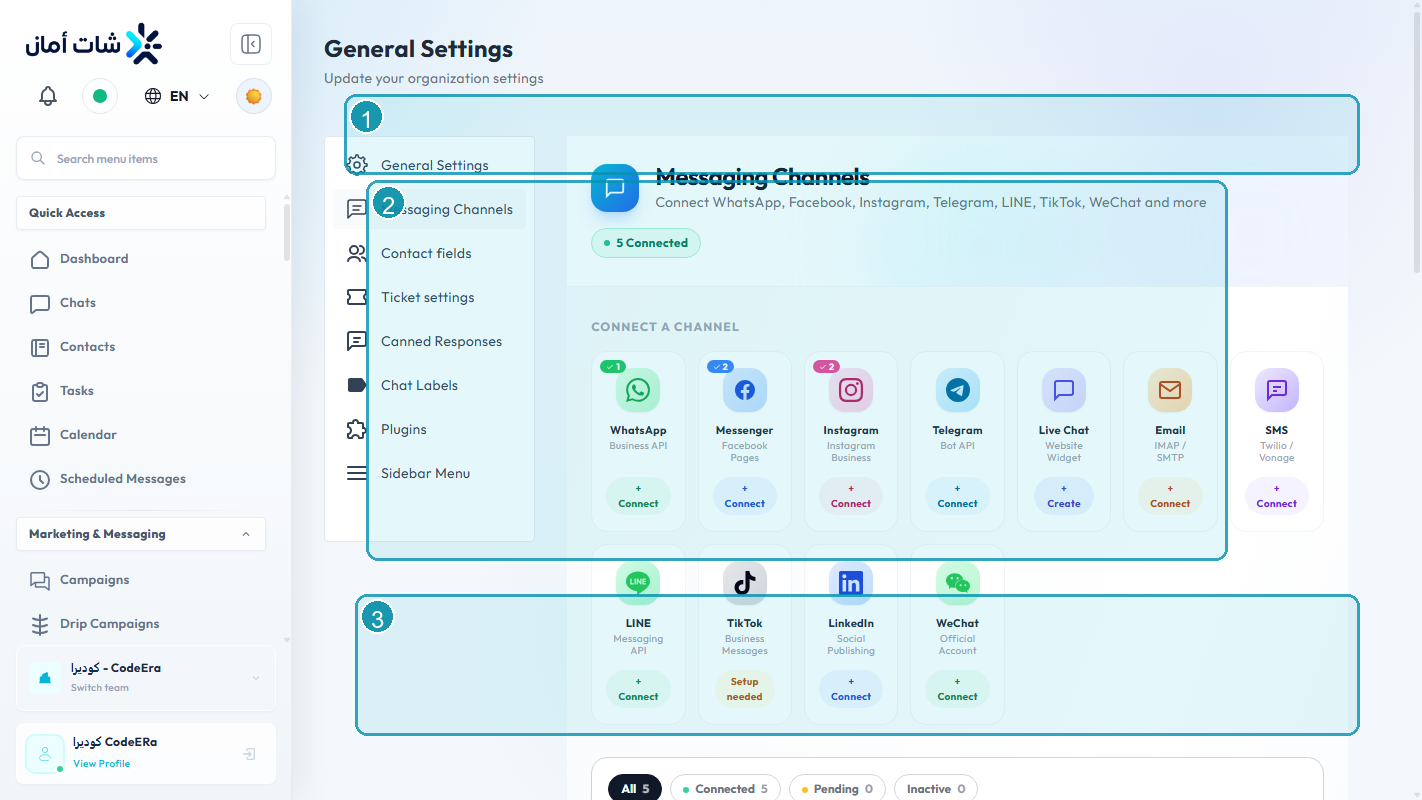CodeEra WhatsApp and channel settings inside Chataman